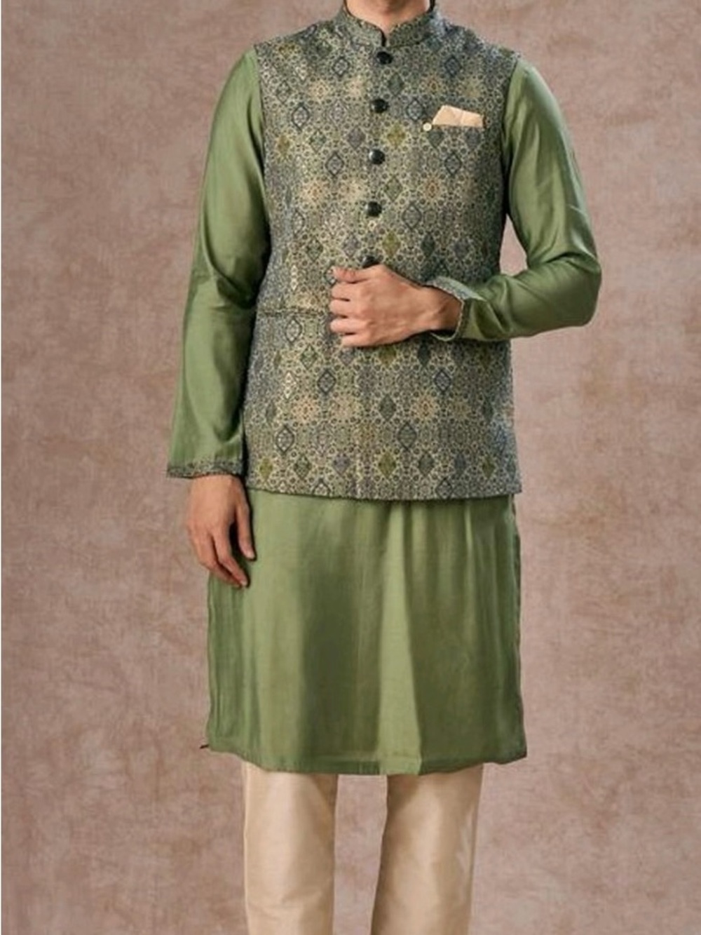 MANYAVAR Olive Green Nehru Vest with Kurta - Men (US Size Large)